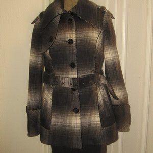❤️MISS SIXTY Plaid Belted Wool Blend Trench Style Pea Coat - Navy & Grey Size S